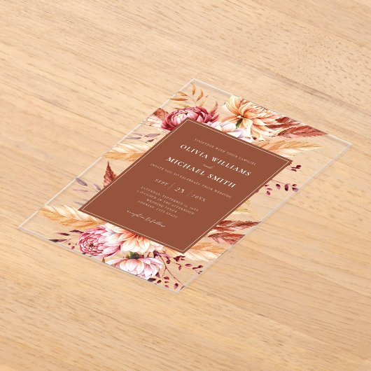 Invitations En Acrylique Élégant Mariage Floral Chic Boho Orange Burnt (Poser)