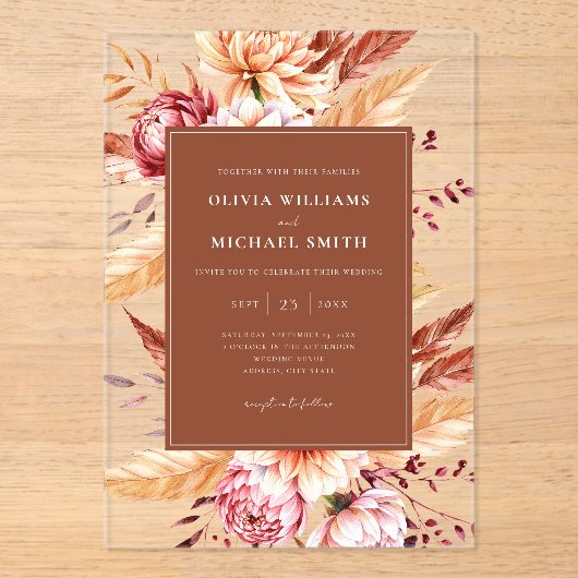 Invitations En Acrylique Élégant Mariage Floral Chic Boho Orange Burnt (Recto)