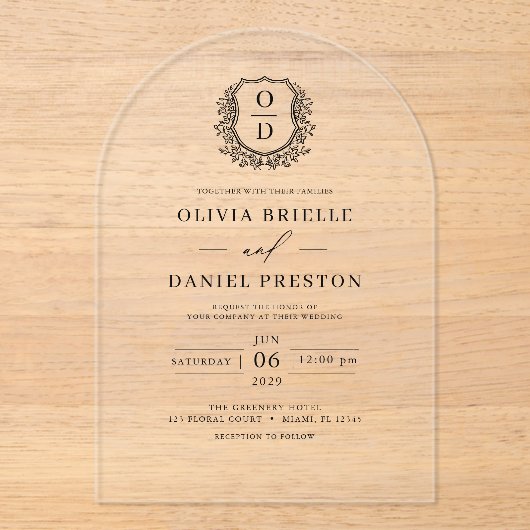 Invitations En Acrylique Élégant Mariage Floral Crest Élégant (Recto)