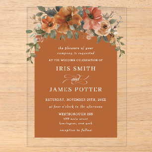 Invitations En Acrylique Élégant Mariage Floral Cuivre Orange Brûlé