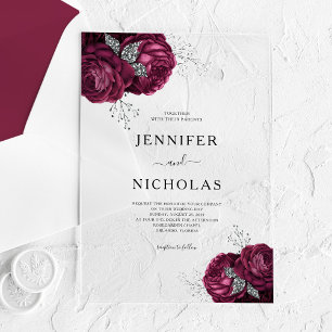 Invitations En Acrylique Élégant Mariage floral de Burgundy Peonies