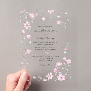 Invitations En Acrylique Élégant Mariage floral de Magnolia rose