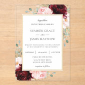Invitations En Acrylique Élégant Mariage floral de Roses roses roses blanch (Recto)