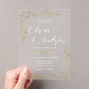 Invitations En Acrylique Élégant Mariage floral moderne Faux or et blanc