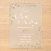 Invitations En Acrylique Élégant Mariage floral moderne Faux or et blanc (Recto)