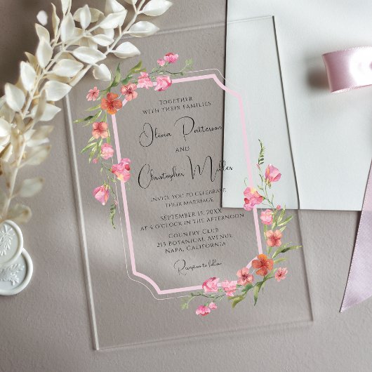Invitations En Acrylique Elégant Mariage floral romantique
