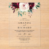 Invitations En Acrylique Élégant Mariage floral rose-bleu bordeaux (Recto)