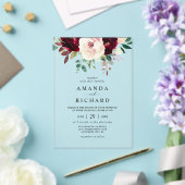 Invitations En Acrylique Élégant Mariage floral rose-bleu bordeaux (Insitu (Mariage))