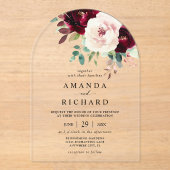 Invitations En Acrylique Élégant Mariage floral rose-bleu bordeaux (Recto)