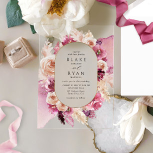 Invitations En Acrylique Élégant Mariage Floral Rose, Bourgogne, Champagne