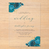 Invitations En Acrylique Élégant Mariage Floral Turquoise Gold Script (Recto)