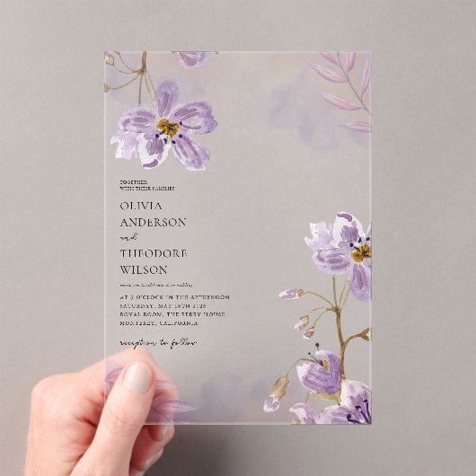 Invitations En Acrylique Élégant Mariage floral violet clair (In situ (ordinateur de poche))