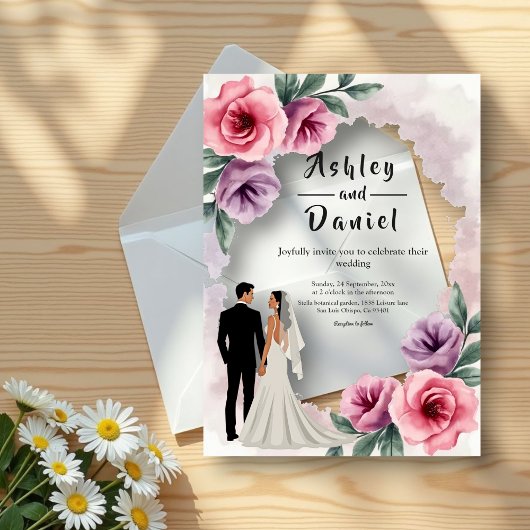 Invitations En Acrylique Elégant Mariage floral violet Dusty