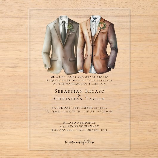 Invitations En Acrylique Elégant Mariage gay deux pièces en costume (Recto)