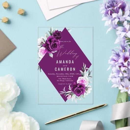 Invitations En Acrylique Élégant Mariage géométrique violet rustique (Insitu (Mariage))
