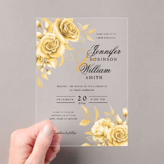Invitations En Acrylique Elégant Mariage Gold Roses Floral thème (In situ (ordinateur de poche))