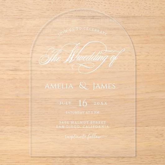 Invitations En Acrylique Elégant mariage moderne design de script transpare (Recto)