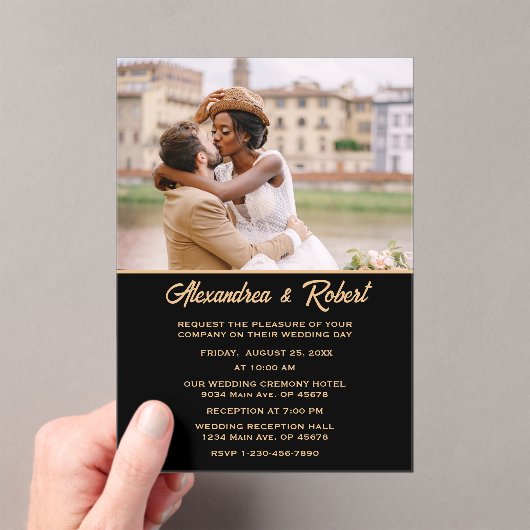 Invitations En Acrylique Elégant Mariage moderne photo or noir (In situ (ordinateur de poche))