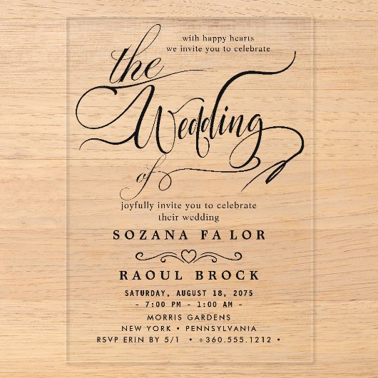Invitations En Acrylique Élégant Mariage Moderne Script (Recto)