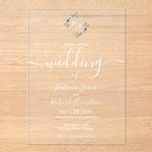 Invitations En Acrylique Élégant Mariage Monogramme (Recto)