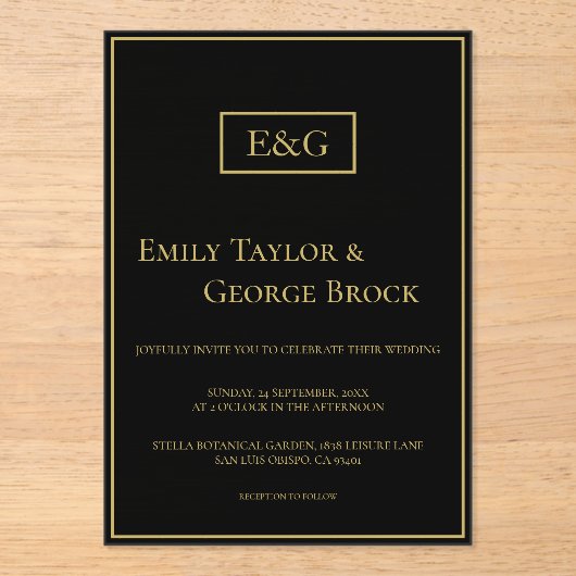 Invitations En Acrylique Élégant Mariage Monogramme Noir Et Or Moderne (Recto)