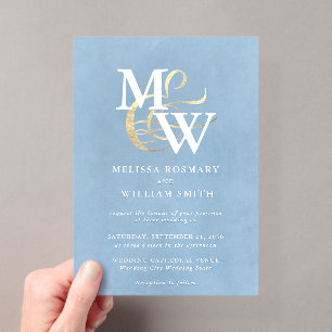 Invitations En Acrylique Élégant Mariage Monogramme Or Verre de Mer Bleu