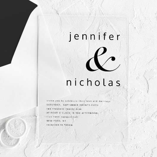 Invitations En Acrylique Élégant Mariage noir et blanc