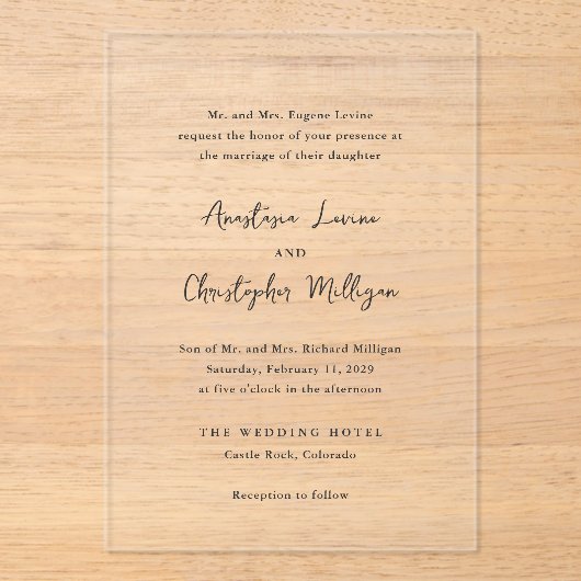 Invitations En Acrylique Élégant Mariage noir et blanc propre (Recto)