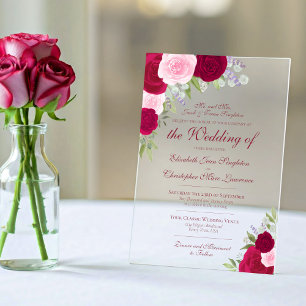 Invitations En Acrylique Élégant Mariage officiel Magenta & Roses roses ros