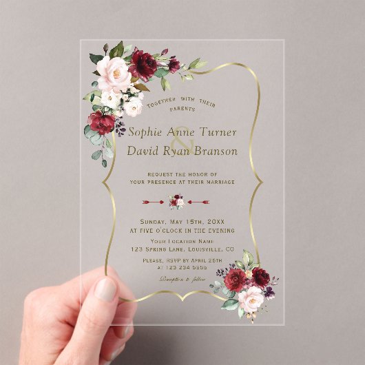 Invitations En Acrylique Élégant Mariage or de fleurs roses de Bourgogne (In situ (ordinateur de poche))