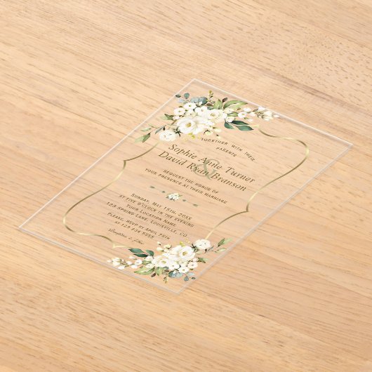Invitations En Acrylique Élégant Mariage Or Fleurs blanches délicates (Poser)