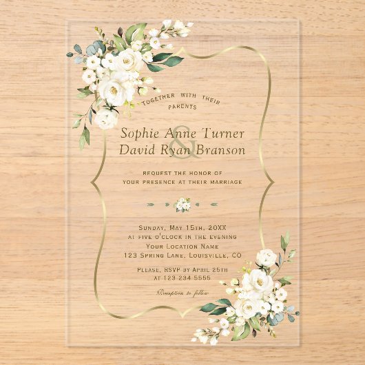 Invitations En Acrylique Élégant Mariage Or Fleurs blanches délicates (Recto)
