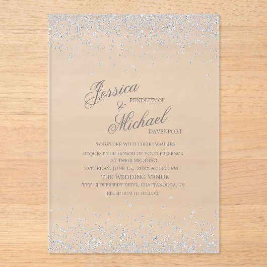 Invitations En Acrylique Élégant Mariage Parties scintillant argent (Recto)