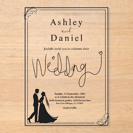 Invitations En Acrylique Élégant Mariage romantique noir et blanc chic (Recto)