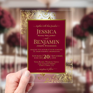 Invitations En Acrylique Élégant Mariage Rouge Bourgogne & Or Texte
