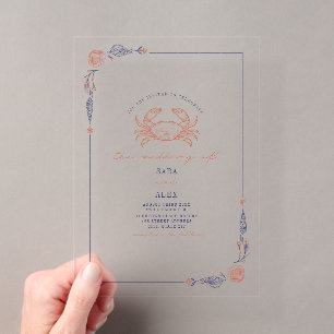 Invitations En Acrylique Élégant mariage rustique rouge et bleu plage crabe
