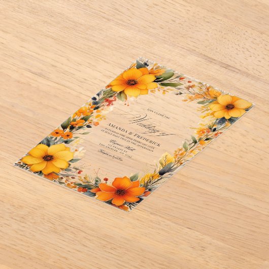 Invitations En Acrylique Élégant Mariage transparent jaune et orange (Poser)