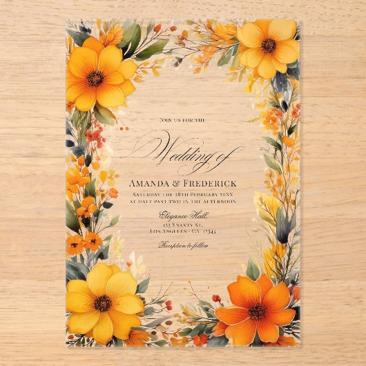 Invitations En Acrylique Élégant Mariage transparent jaune et orange (Recto)