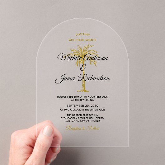 Invitations En Acrylique Élégant Mariage Tropical Gold Palm Tree (In situ (ordinateur de poche))