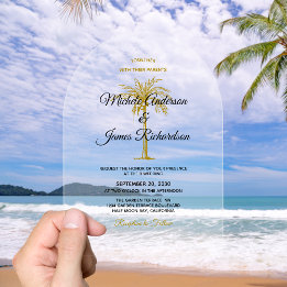Invitations En Acrylique Élégant Mariage Tropical Gold Palm Tree