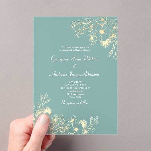Invitations En Acrylique Élégant Mariage vert et or (In situ (ordinateur de poche))