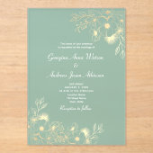 Invitations En Acrylique Élégant Mariage vert et or (Recto)