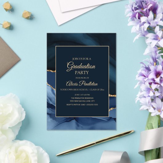 Invitations En Acrylique Élégant Marine Bleu Marbre Or Agate Graduation (Insitu (Mariage))