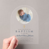Invitations En Acrylique Élégant Marine Bleu Script Boy Photo Baptême (In situ (ordinateur de poche))