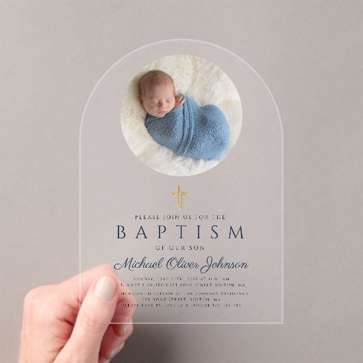Invitations En Acrylique Élégant Marine Bleu Script Boy Photo Baptême (In situ (ordinateur de poche))
