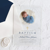 Invitations En Acrylique Élégant Marine Bleu Script Boy Photo Baptême