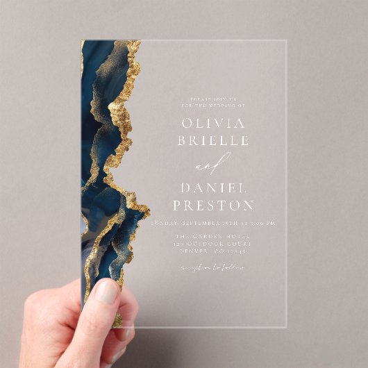 Invitations En Acrylique Élégant Marine Blue Gold Agate Mariage Monogramme (In situ (ordinateur de poche))