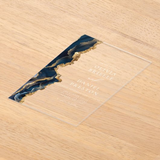 Invitations En Acrylique Élégant Marine Blue Gold Agate Mariage Monogramme (Poser)