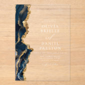 Invitations En Acrylique Élégant Marine Blue Gold Agate Mariage Monogramme (Recto)