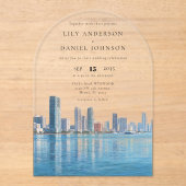 Invitations En Acrylique Elegant Miami Skyline Watercolor Wedding Arch (Recto)